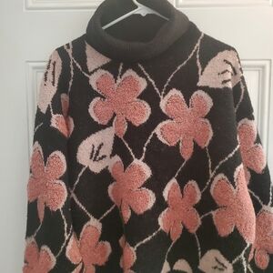 ESQUALO Black and Pink Floral Turtleneck Sweater